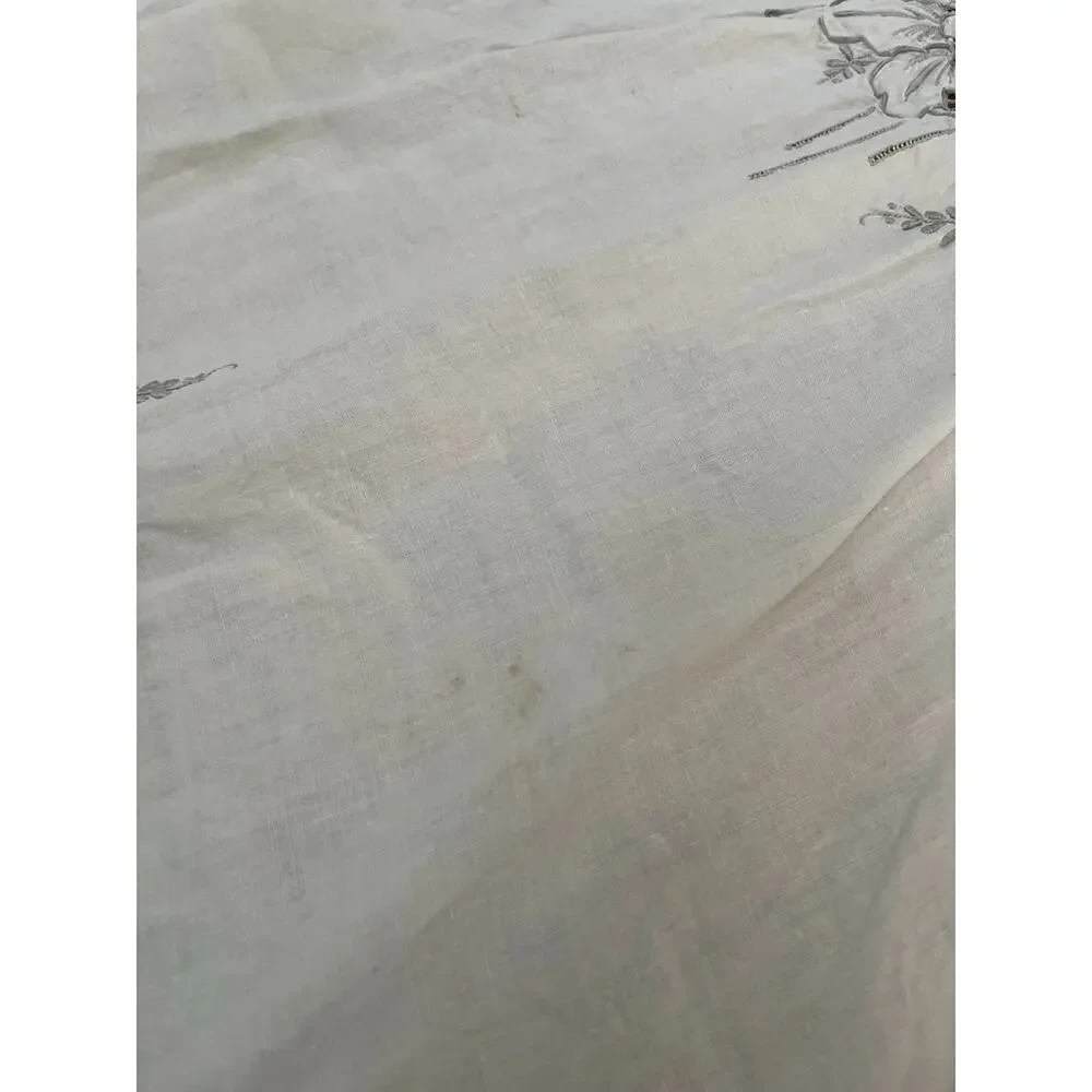 Vintage Hand Embroidery Floral Linen Tablecloth Ivory Rectangular 98
